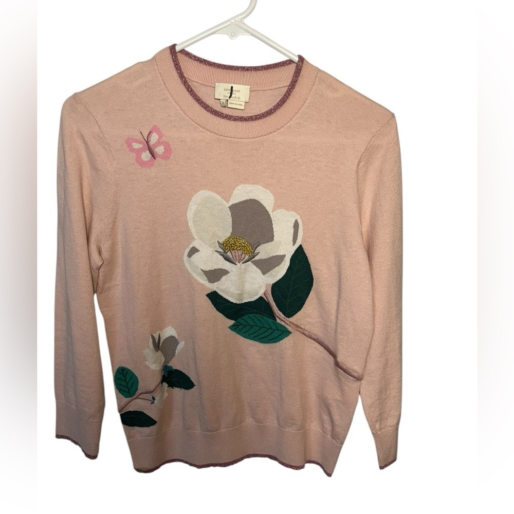 Kate Spade Cameo Pink Embroidered Floral Cotton/Cashmere Sweater, Size Small - Picture 3 of 11